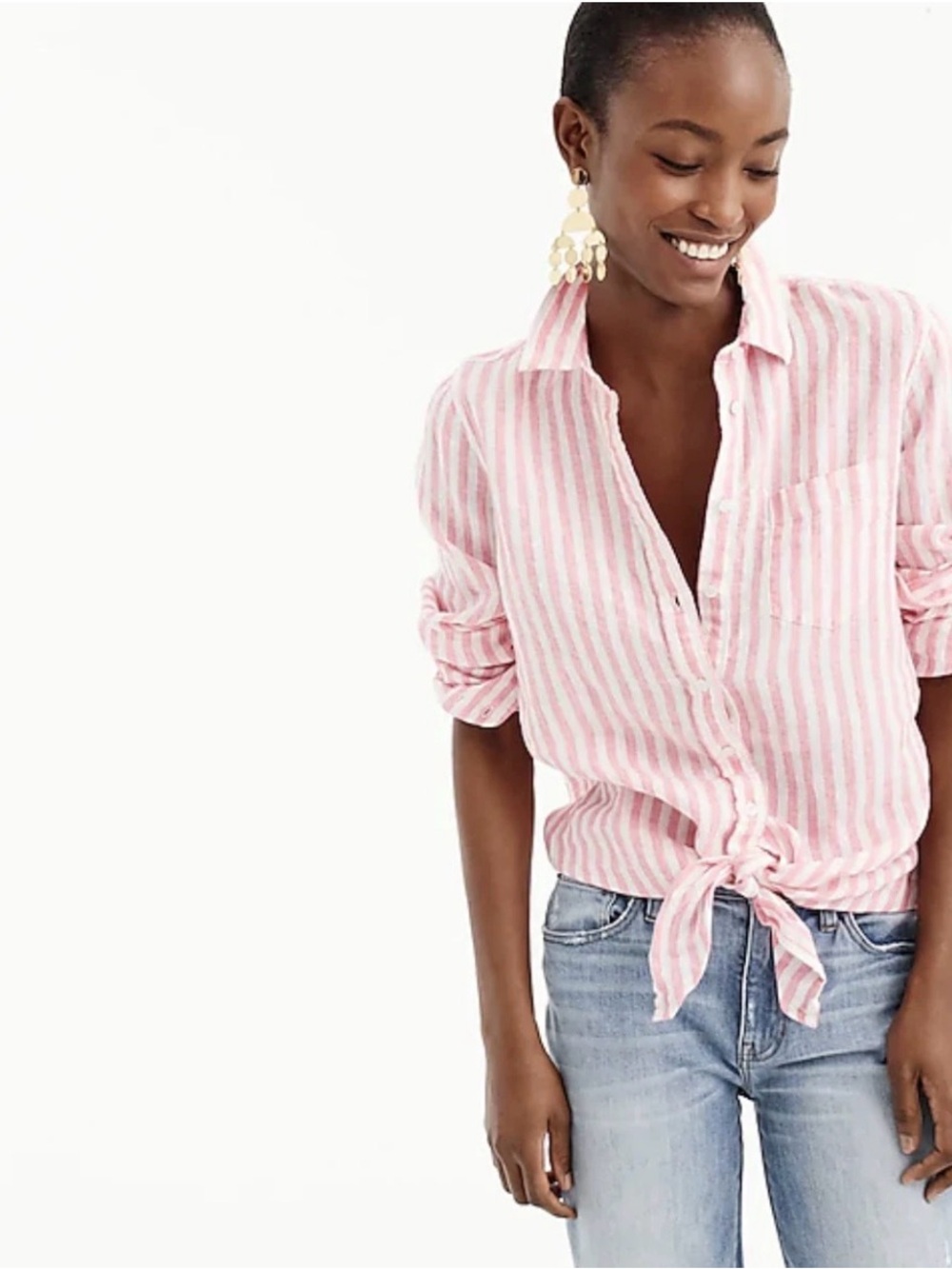 J Crew Tie Front Knotted Linen Shirt Stripe Size Medium